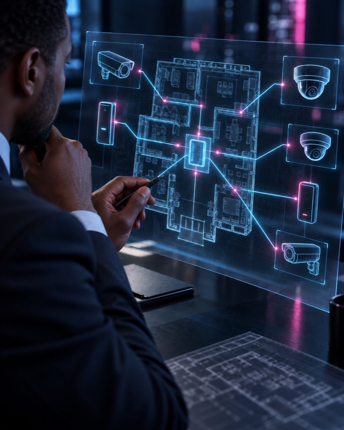 Security engineer planning integrated surveillance and access control