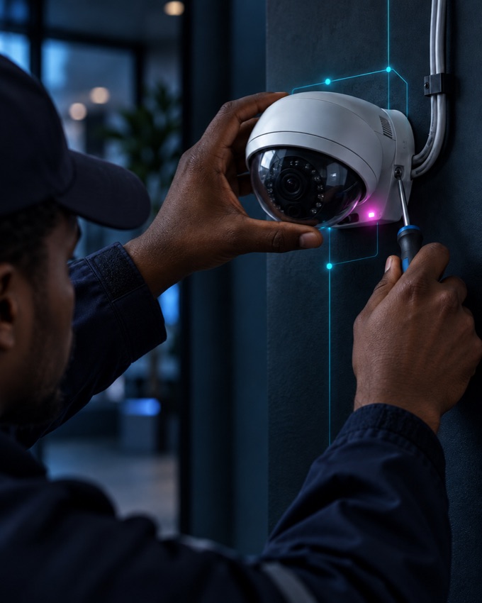 Technician installing a security surveillance camera