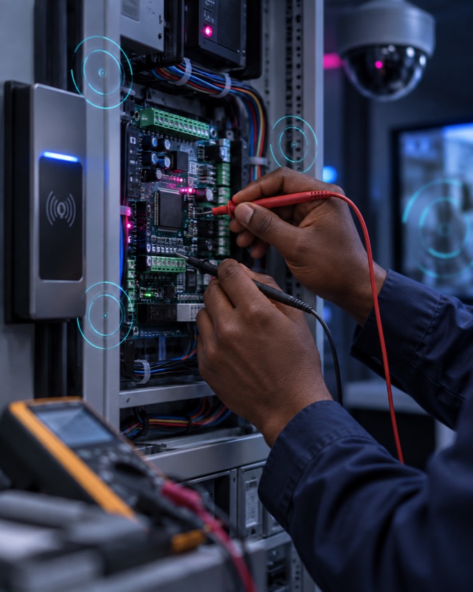 Engineer testing security access control equipment
