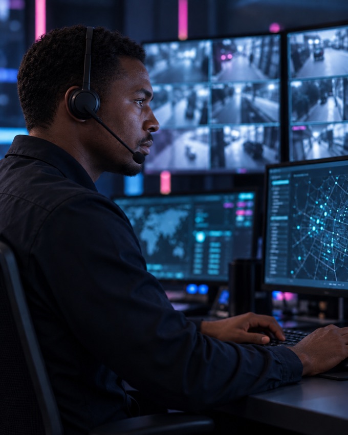 Technical support engineer monitoring connected security systems